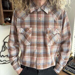 Vintage 80s Levis Earthy Tinsel Plaid Pearl Snap Western ~ Size Large
